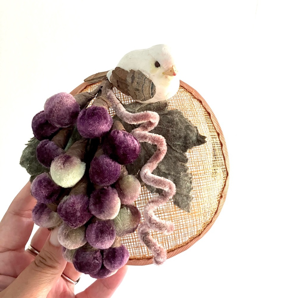 Vintage handmade grapes & bird straw fascinator hat clip